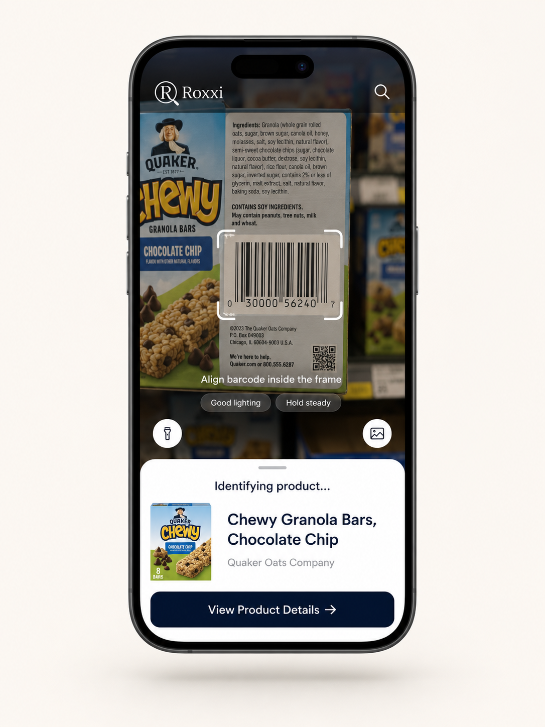 Roxxi scanner screen with live camera view and a barcode in frame